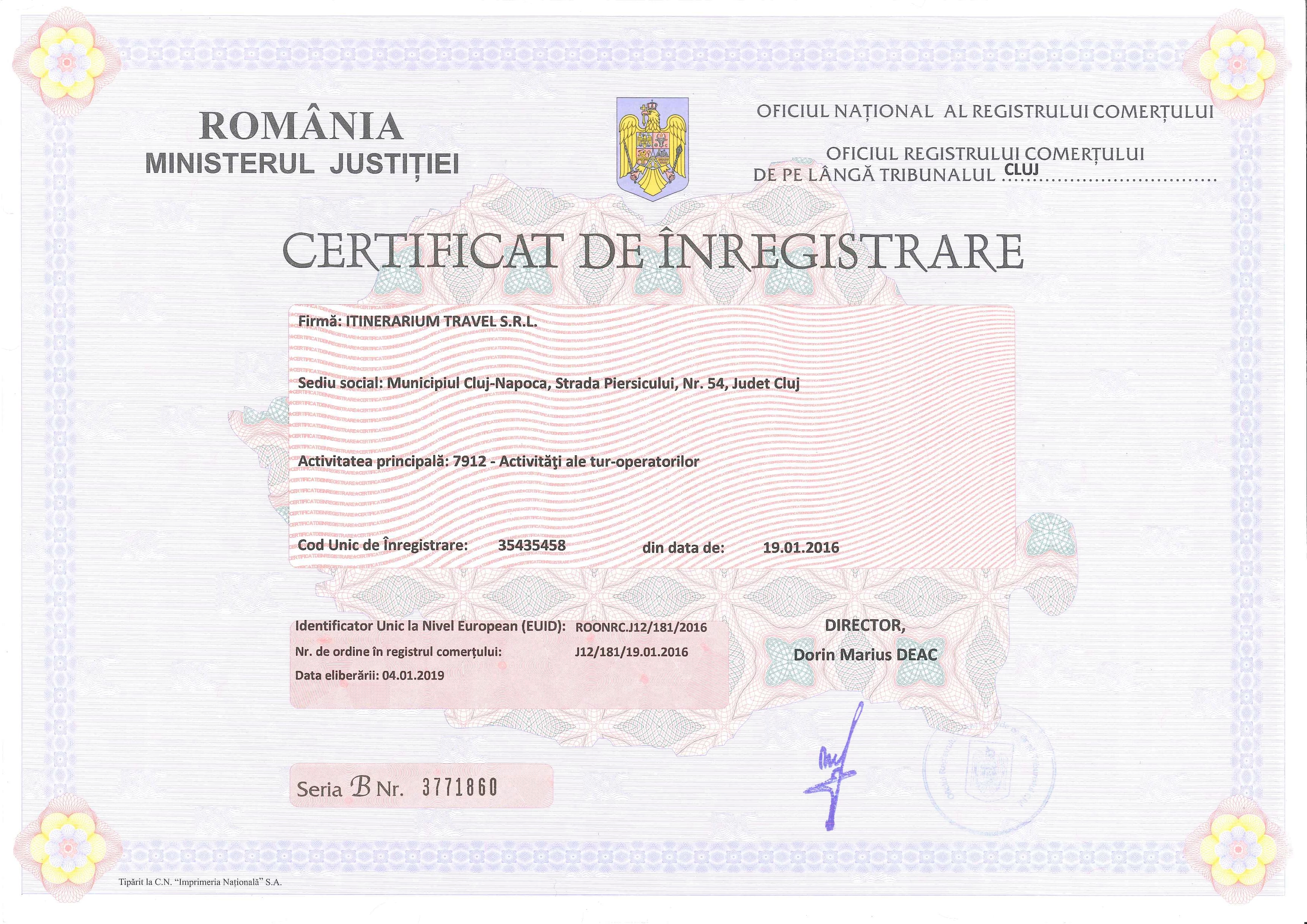 Certificat de înregistrare - Itinerarium Travel SRL