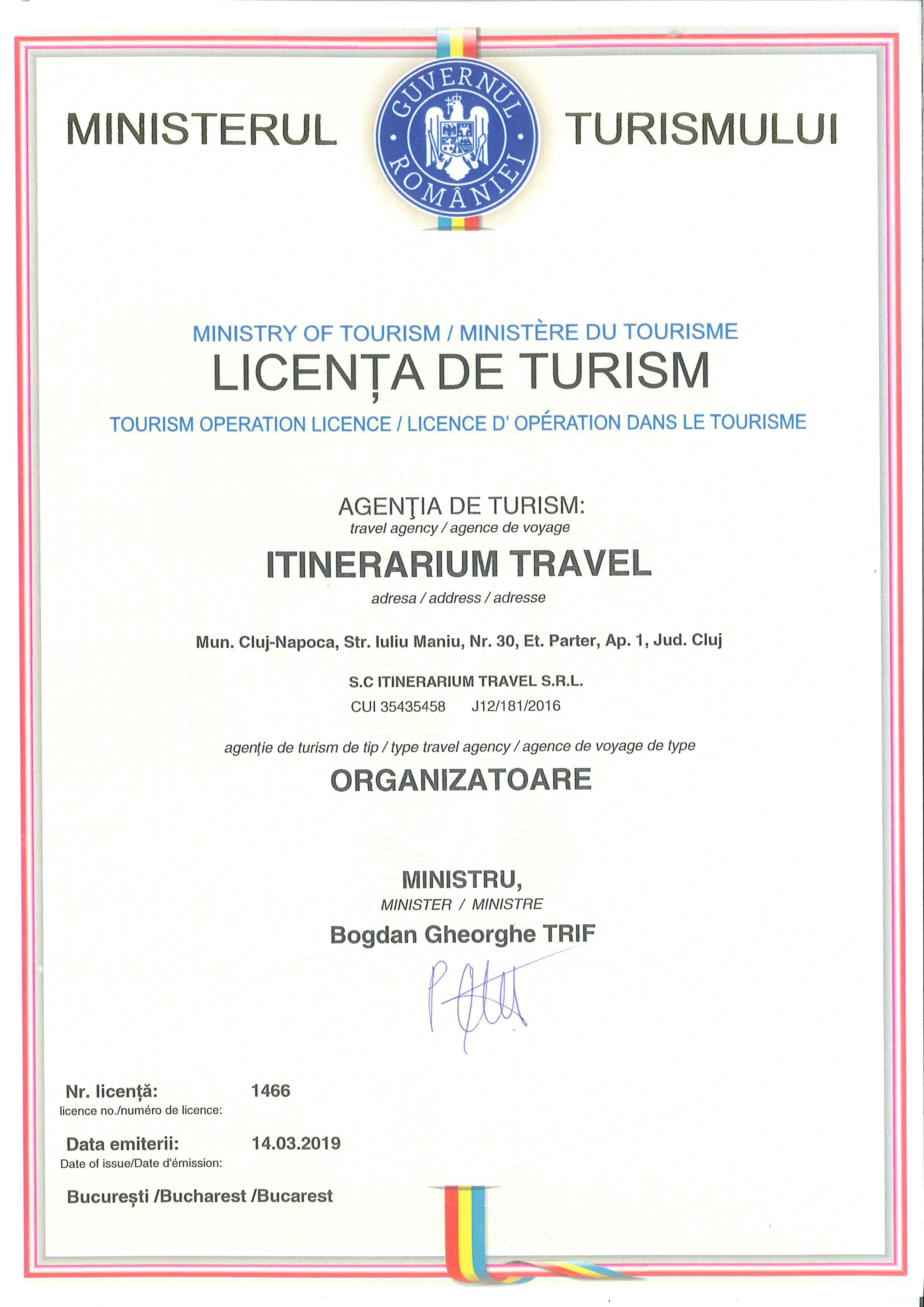 Licență de turism MDRT nr. 1466/2019 - Itinerarium Travel