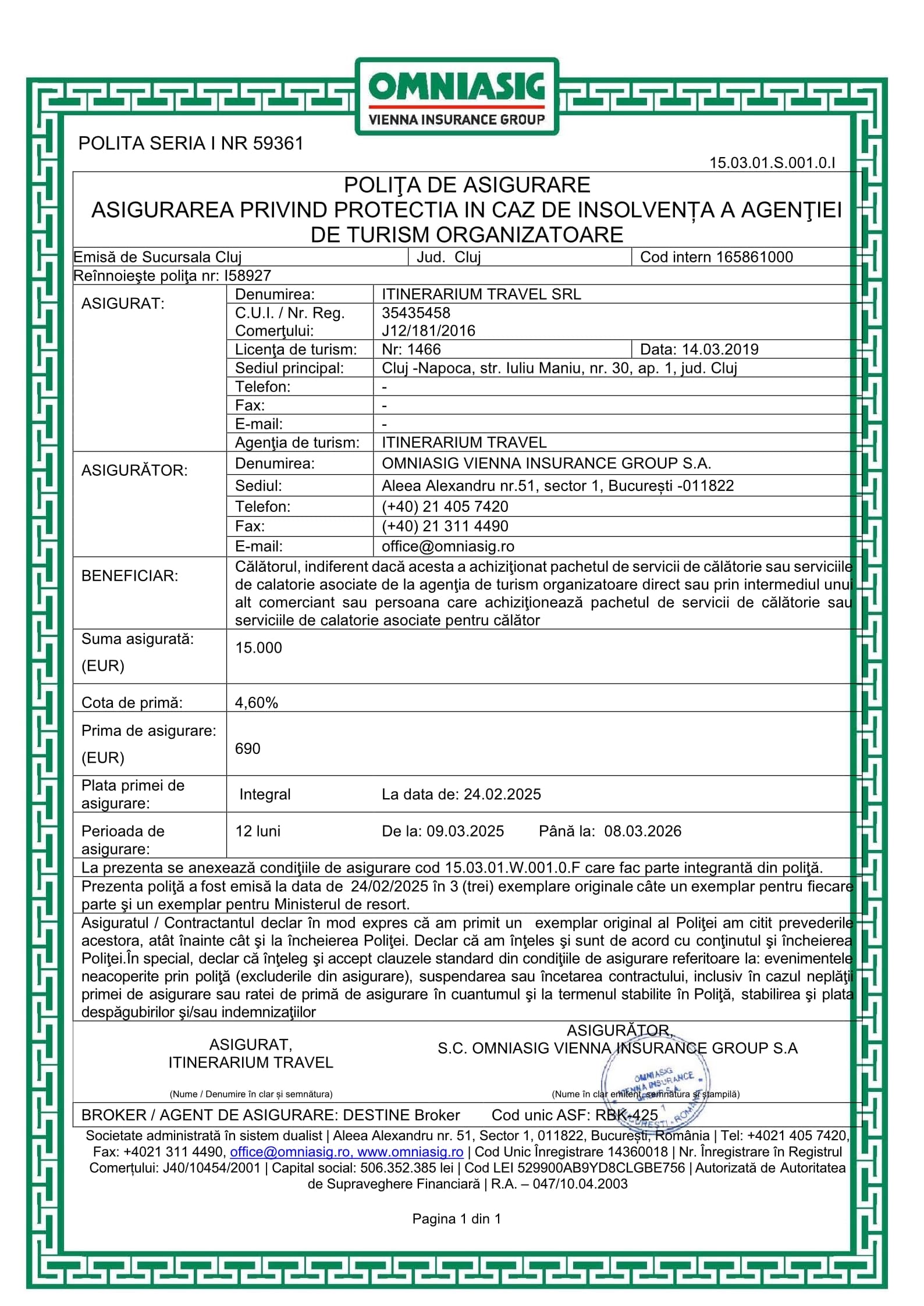 Poliță de asigurare răspundere civilă profesională - Itinerarium Travel